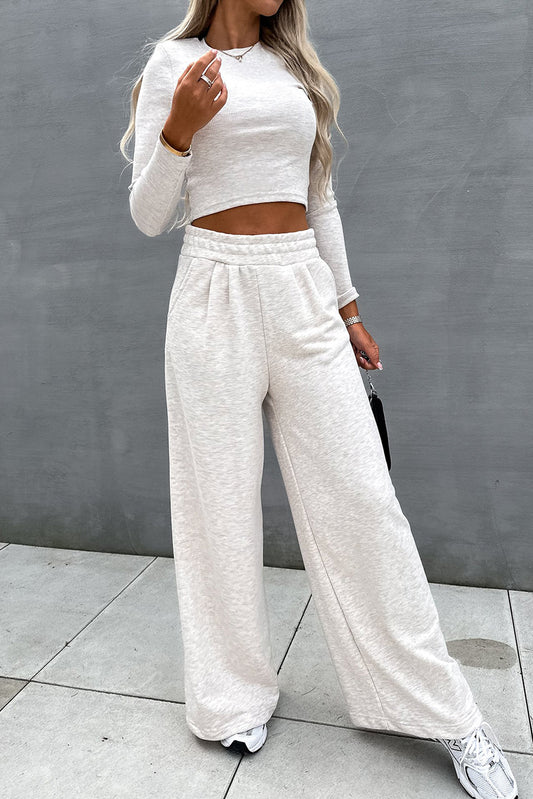 Cute Two Piece Set! Beige Crop Top and Wide Leg Pants