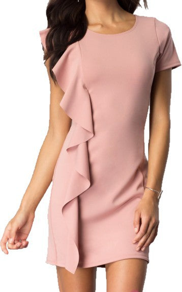 SHORT SLEEVE DRESS WITH ASYMMETRICAL RUFFLE