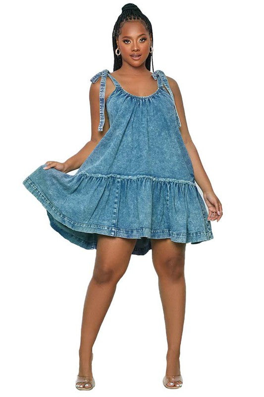 SHOULDER TIE SUMMER DENIM DRESS