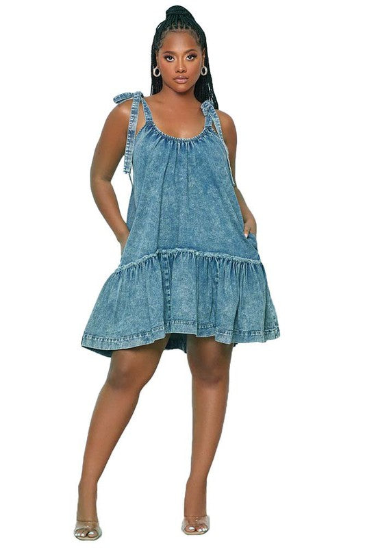 SHOULDER TIE SUMMER DENIM DRESS