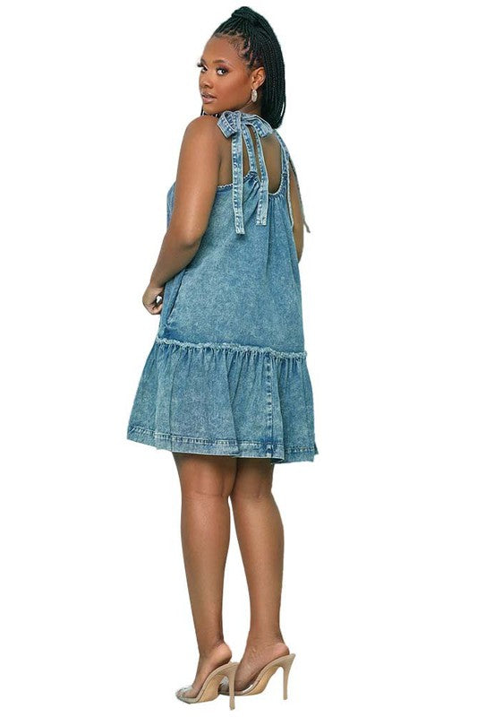 SHOULDER TIE SUMMER DENIM DRESS