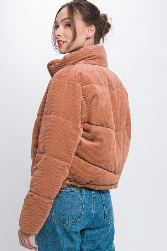 Corduroy Puffer Jacket with Toggle Detail