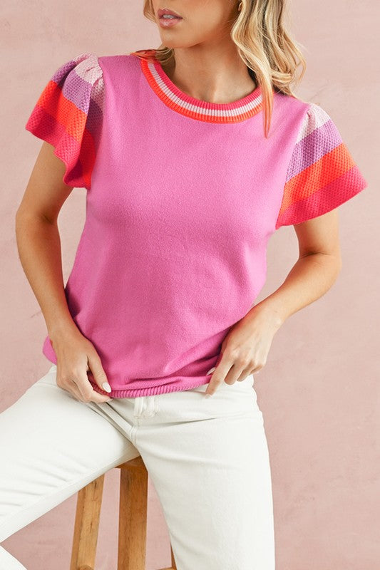 Contrast Sleeve Striped Round Neck Knitted Tee