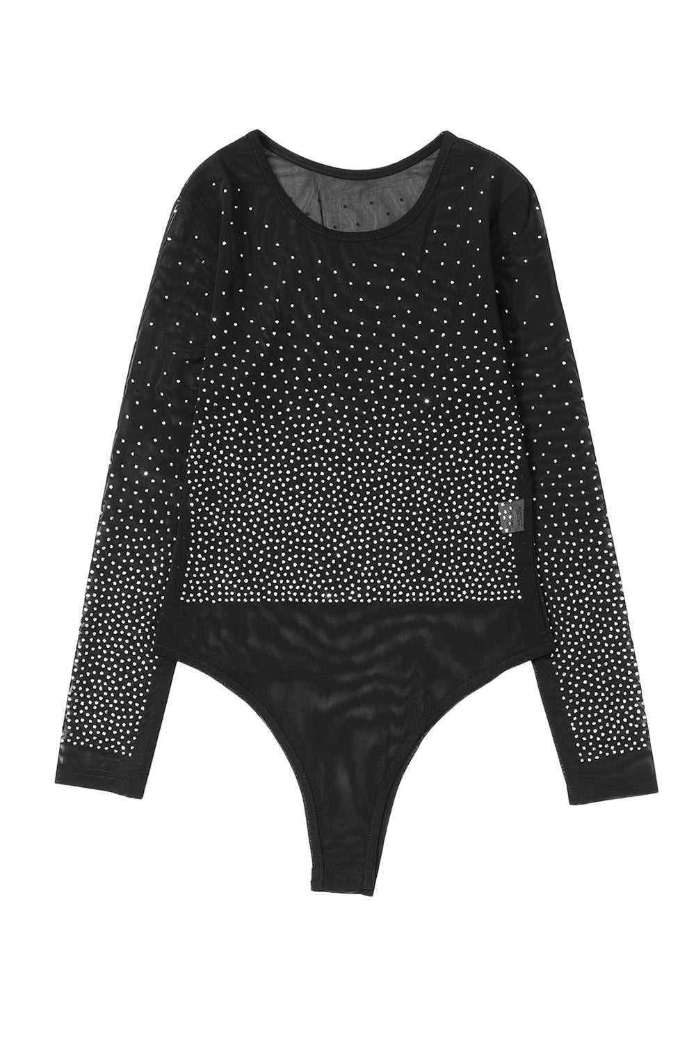 Rhinestone Embellished Mesh Long Sleeve Bodysuit Black