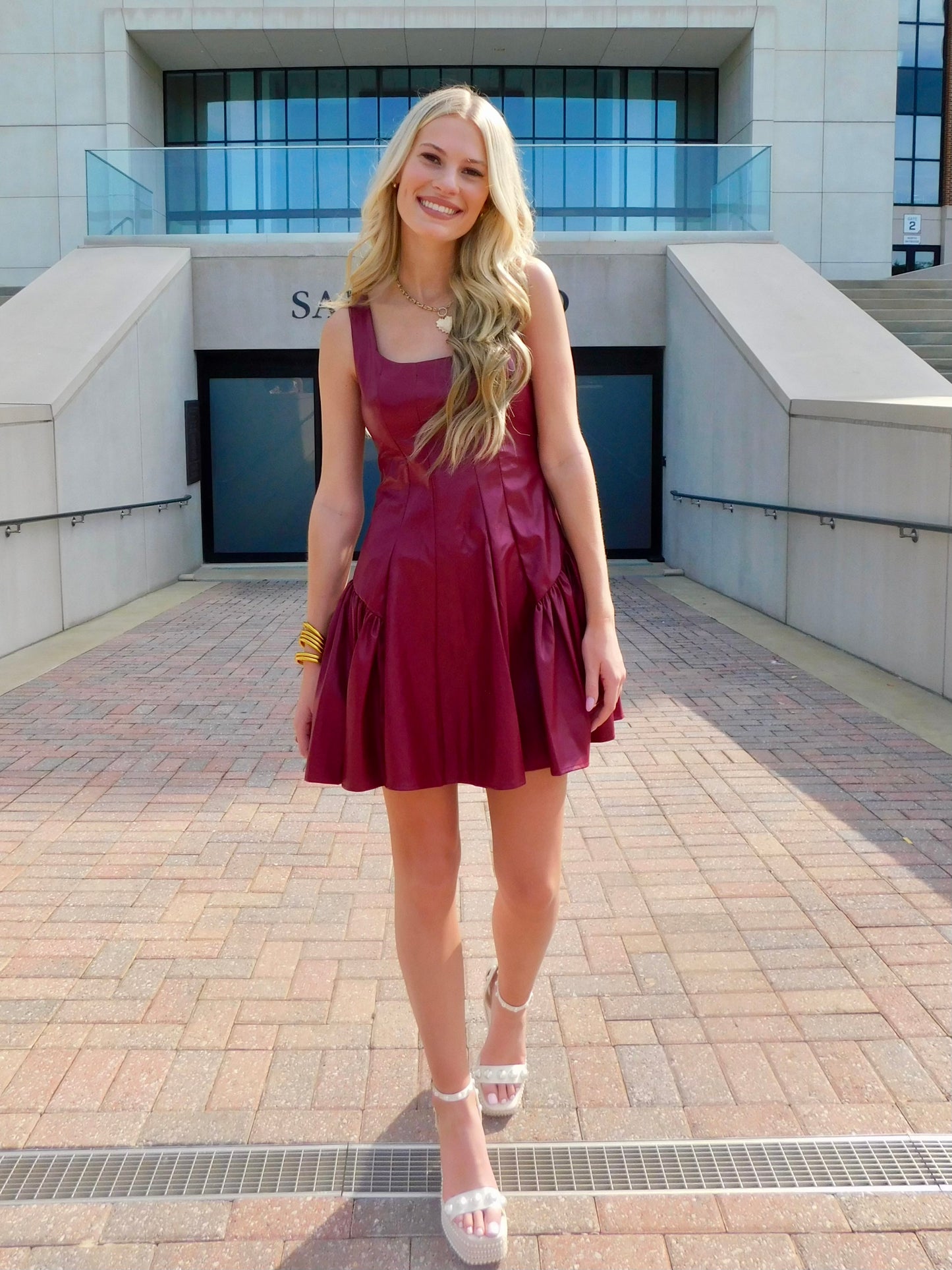 RED  SLEEVELESS PU DRESS