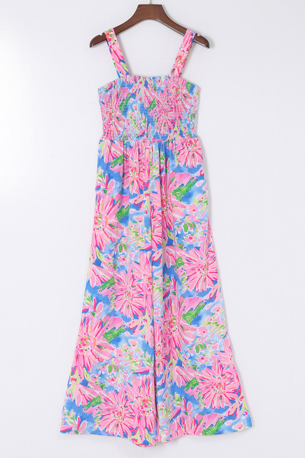 Pink Abstract Floral Painting Smocked Wide Leg Jumpsuit