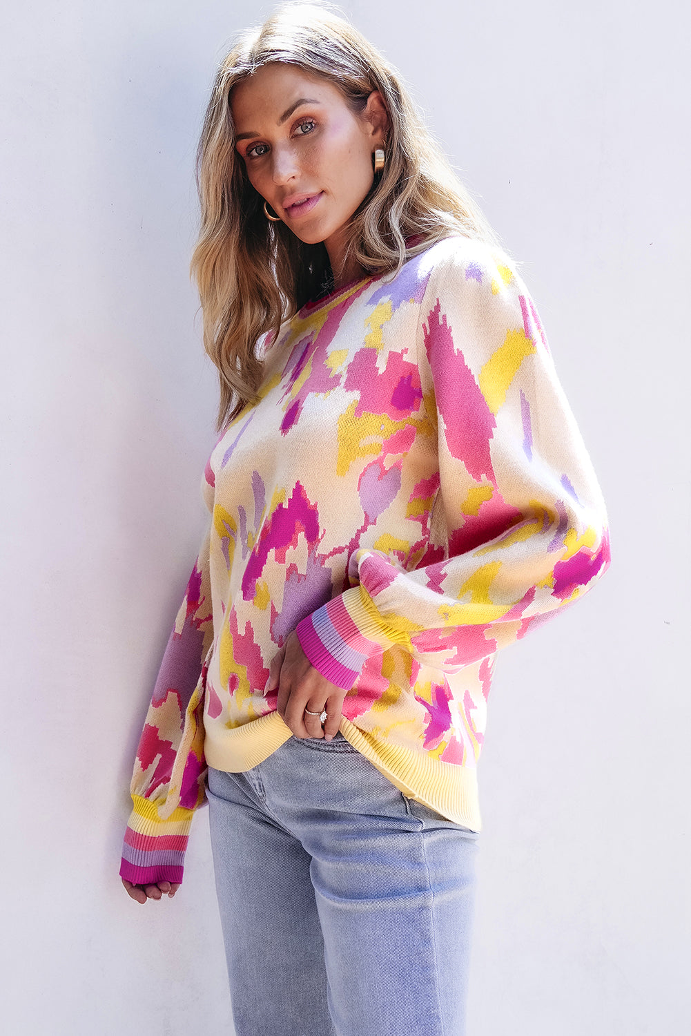 Khaki Abstract Print Colorblock Balloon Sleeve Sweater