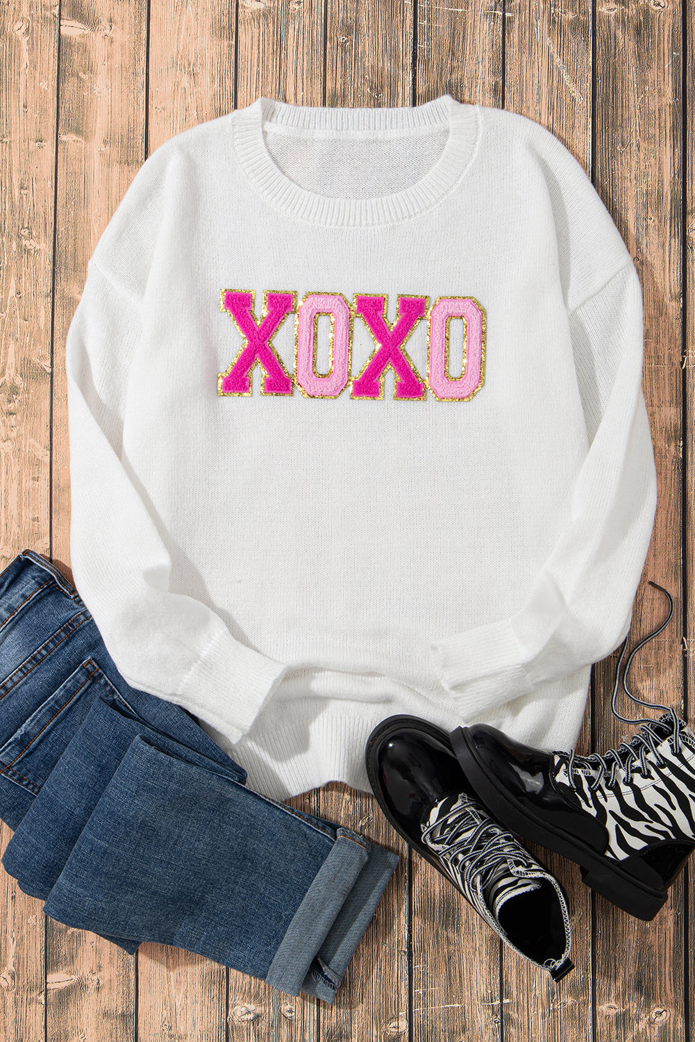 White XOXO Glitter Print Round Neck Casual Sweater