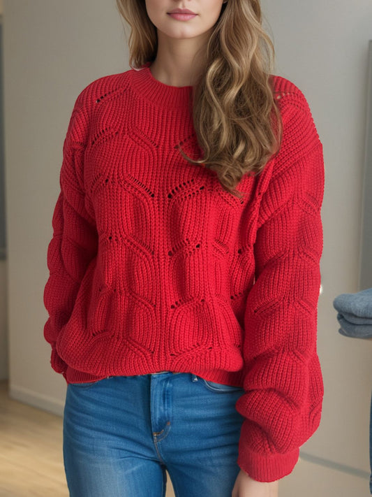 Openwork Round Neck Dropped Shoulder Sweater