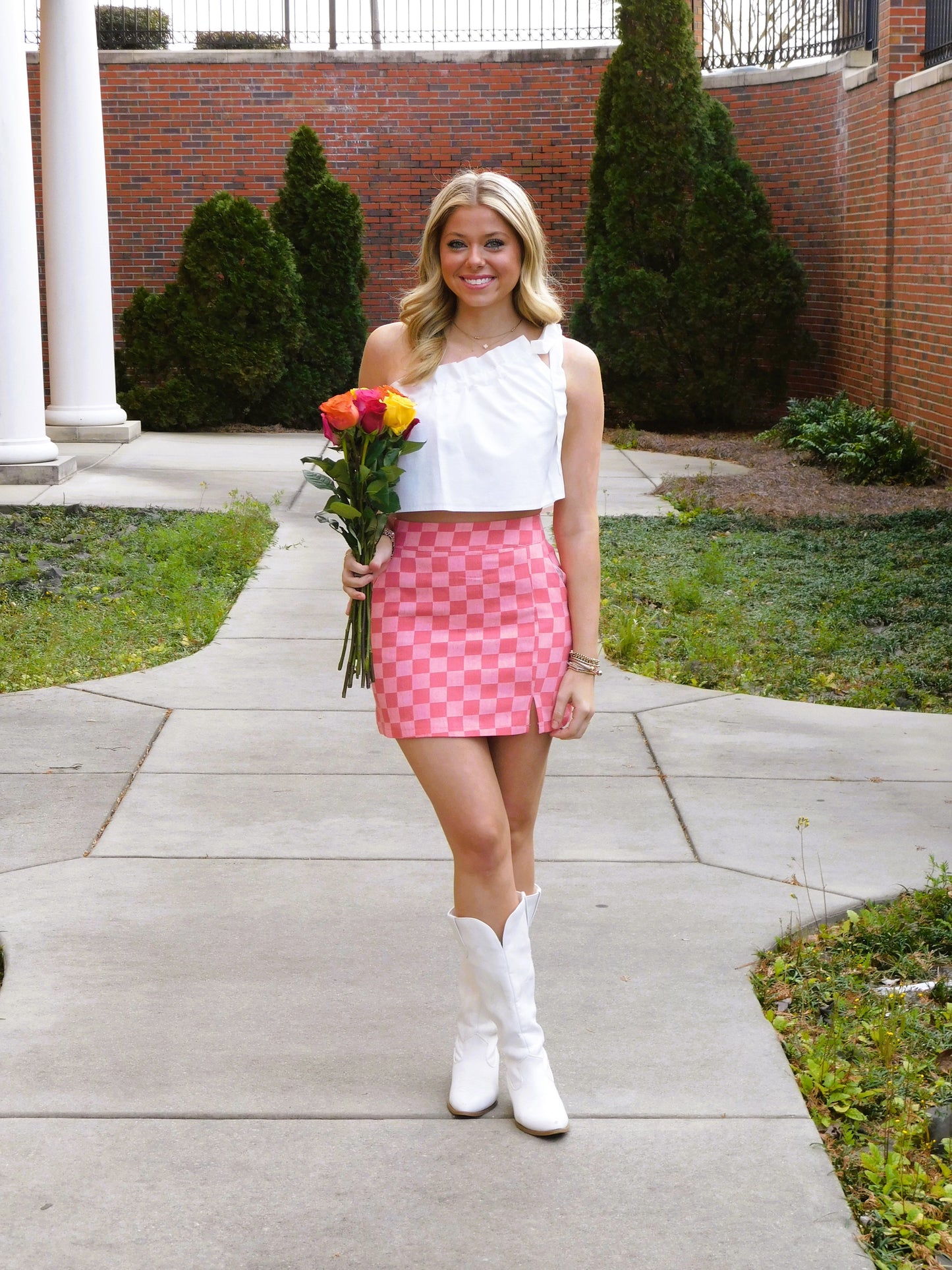 Checkerboard Print Slit Mini Skirt