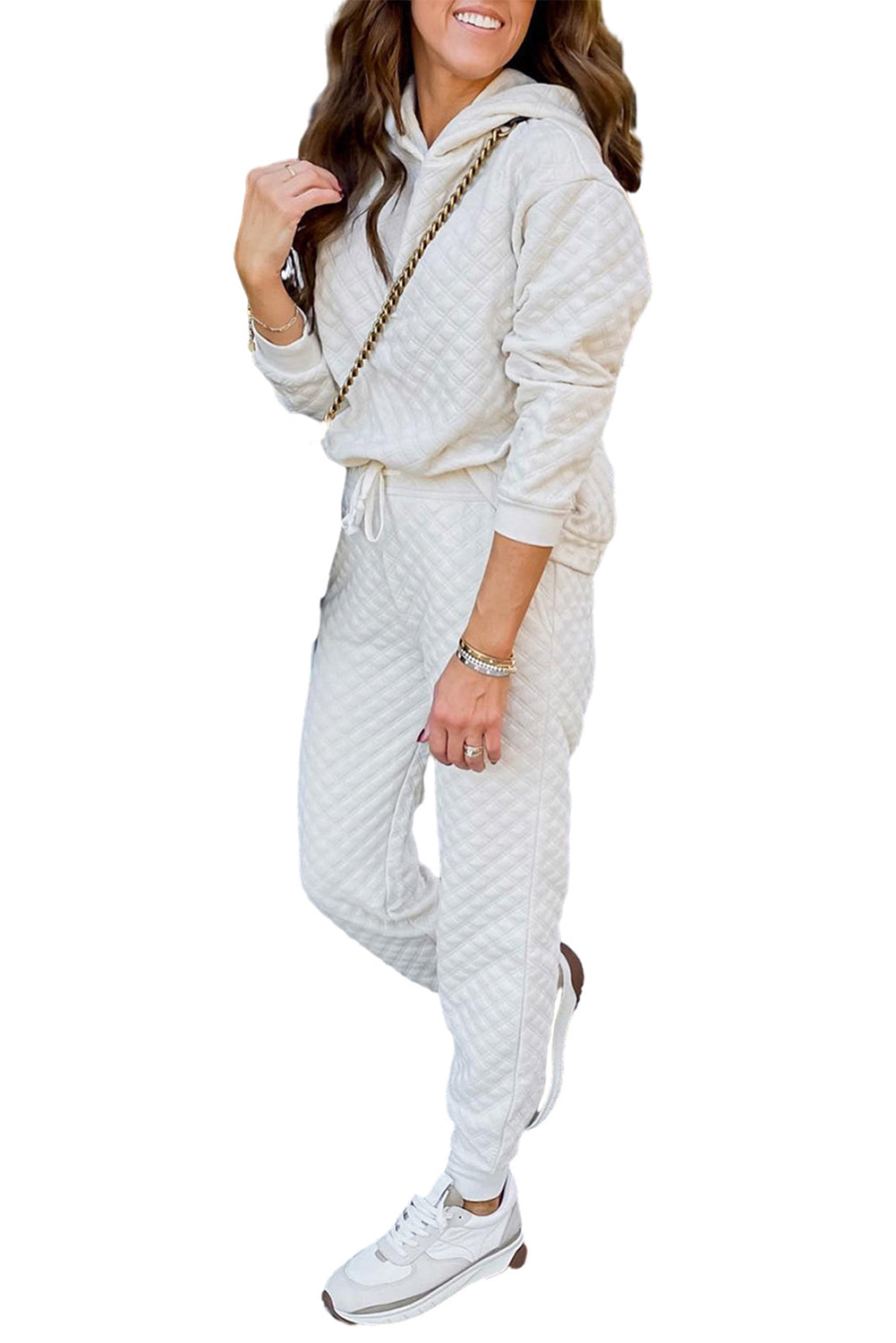 White Quilted Hoodie and Sweatpants Two Piece Set