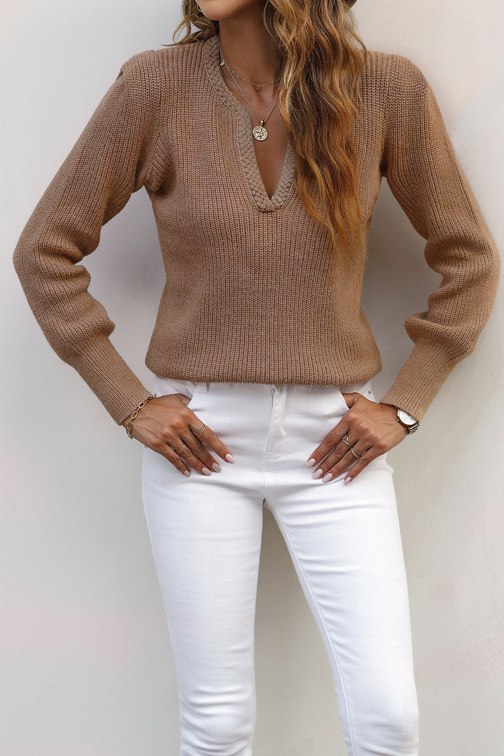 Beautiful Brown Braided Notched V Neckline Puff Sleeve Knitted Sweater