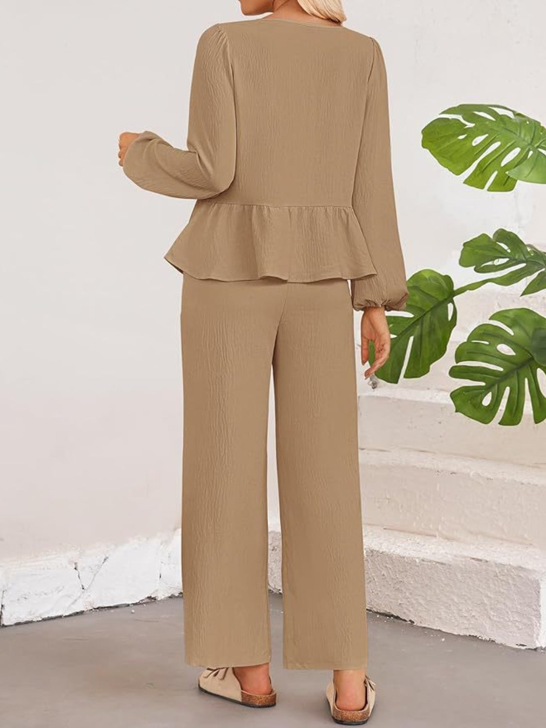 Tie Neck Balloon Sleeve Top and Pants Set