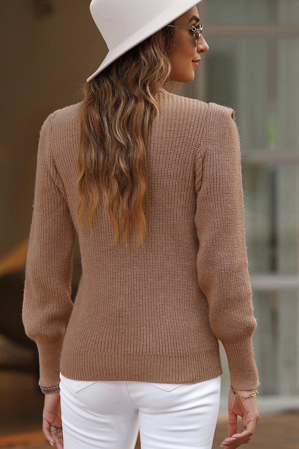 Beautiful Brown Braided Notched V Neckline Puff Sleeve Knitted Sweater