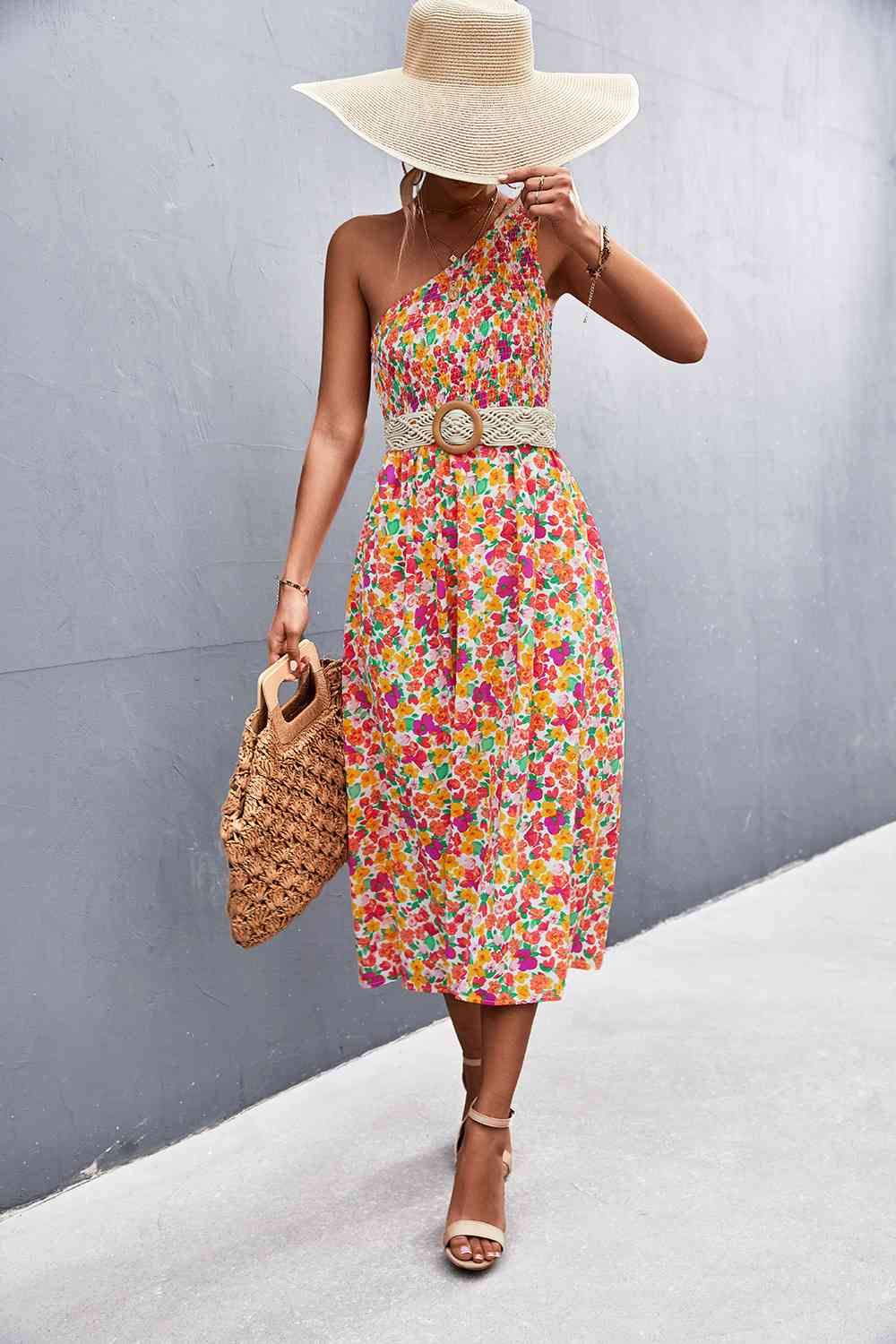 Floral Smocked One-Shoulder Midi Dress