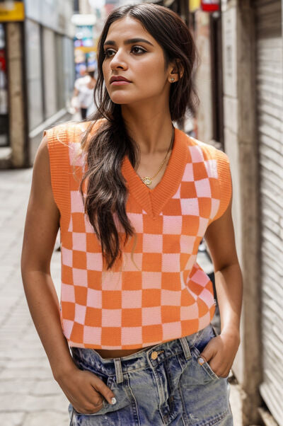 Checkered V-Neck Sweater Vest